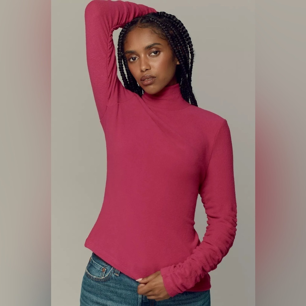 NWT Size XL - Anthropologie Ruched-Sleeve Turtleneck Top Color: RASPBERRY - Picture 5 of 16